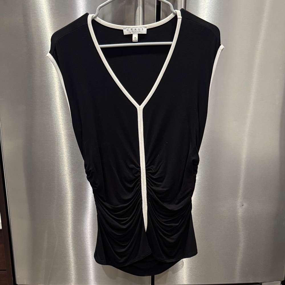 Chaus Black V-Neck Blouse with White Trim